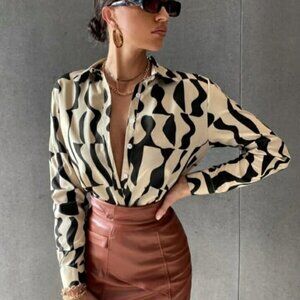 SHEIN Cream Black Patterned Long Sleeve Button Down Blouse Top - M